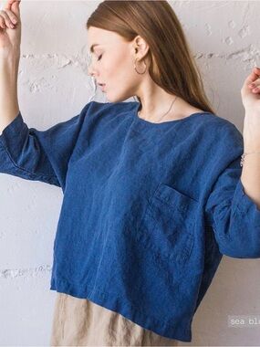 Oversized  100% Linen Sea Blue Crop Top Long-Sleeve Pocket Top - M